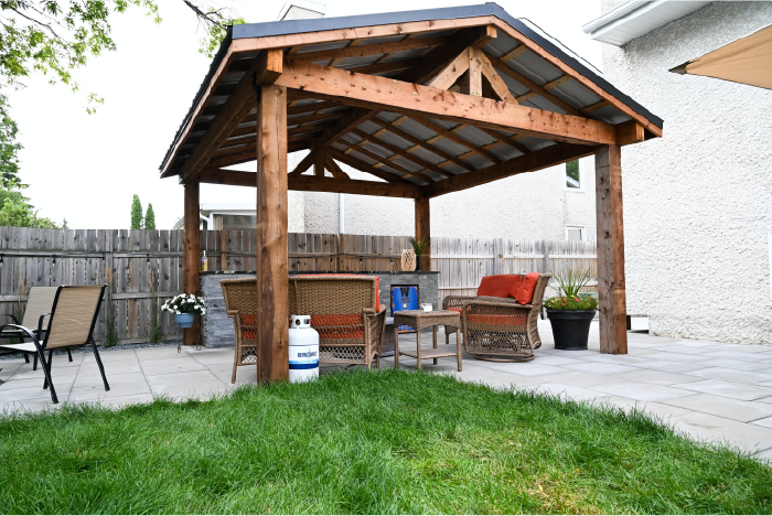 Covered outdoor living area with bar top